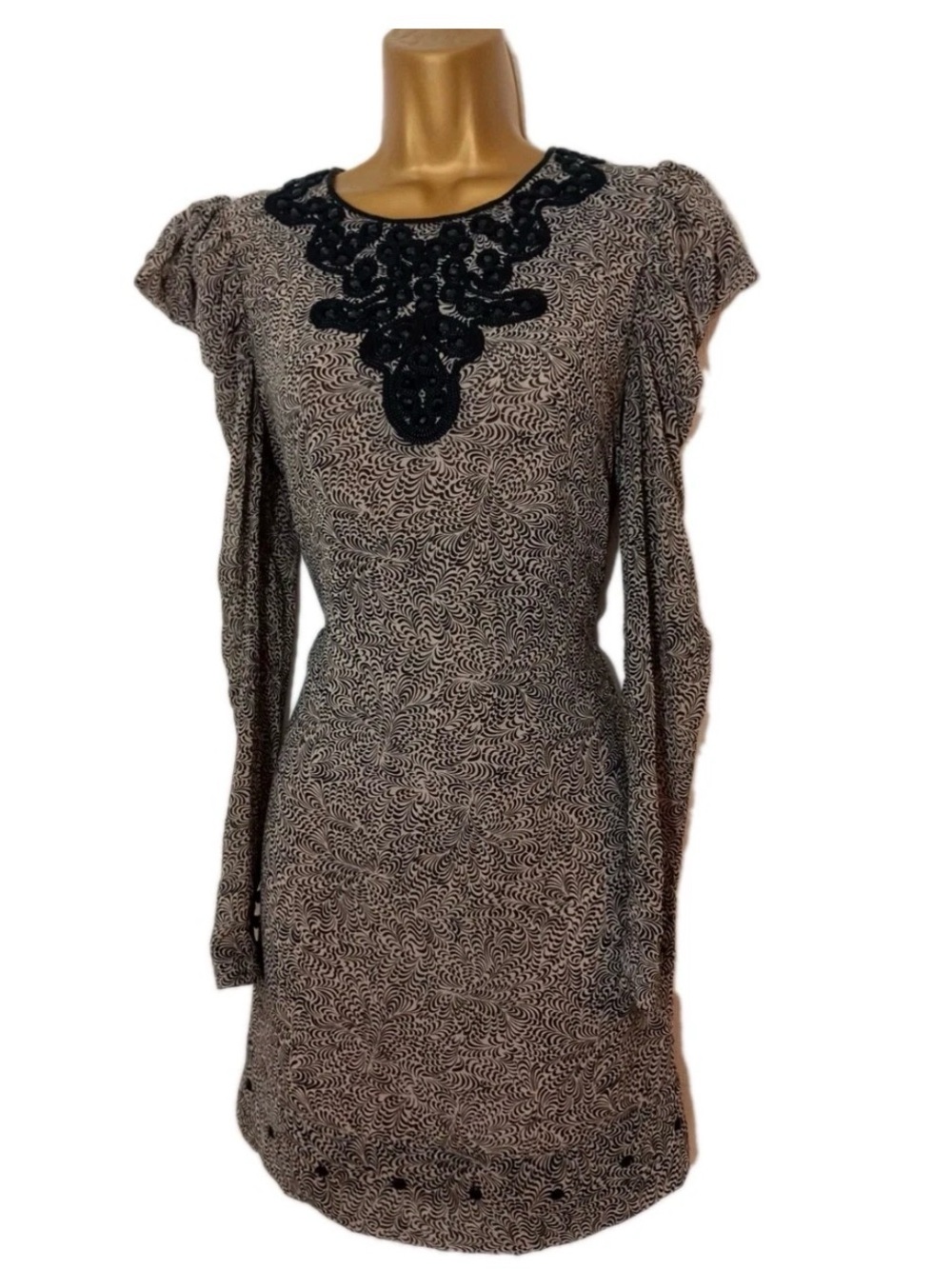 French Connection Black & Cream Long Sleeve Embellished Shift Dress